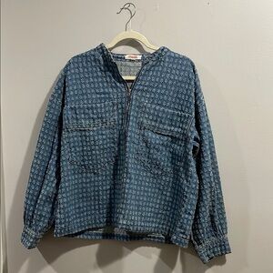 Mazik Textured Blue Denim Boho Stylish Vintage Full Zip Jacket L